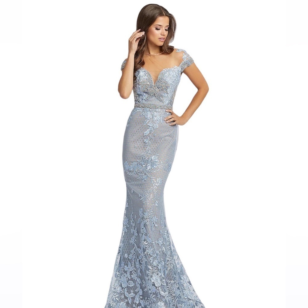 Mac Duggal Beaded Lace Trumpet Gown Sz 6 Powder Blue Mrsp $798 NEW WITH …